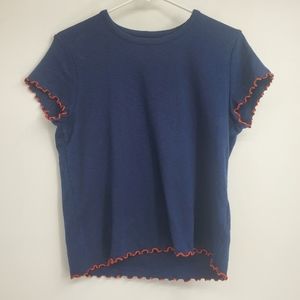 Madewell Blouse T Shirt Navy blue Ruffles Size L Large Crop Top Cute Casual